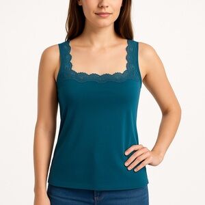 Talbots Petites M Teal Lace-Trim Square Neck Tank Top Cotton Spandex